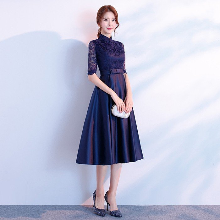 パーティードレス 結婚式 ワンピース ドレス レディース 袖あり大人 着痩せ 紺色 上品 お呼ばれ 食事会 二次会 披露宴 卒業式 成人式