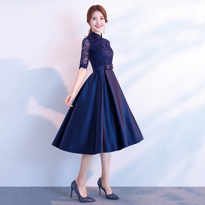 パーティードレス 結婚式 ワンピース ドレス レディース 袖あり大人 着痩せ 紺色 上品 お呼ばれ 食事会 二次会 披露宴 卒業式 成人式
