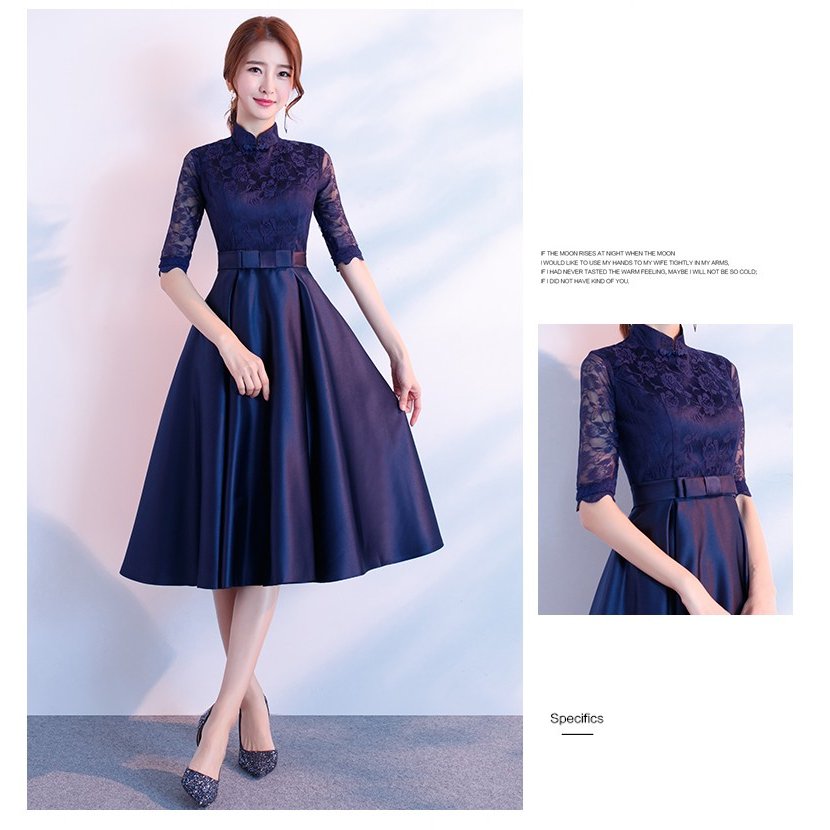 パーティードレス 結婚式 ワンピース ドレス レディース 袖あり大人 着痩せ 紺色 上品 お呼ばれ 食事会 二次会 披露宴 卒業式 成人式