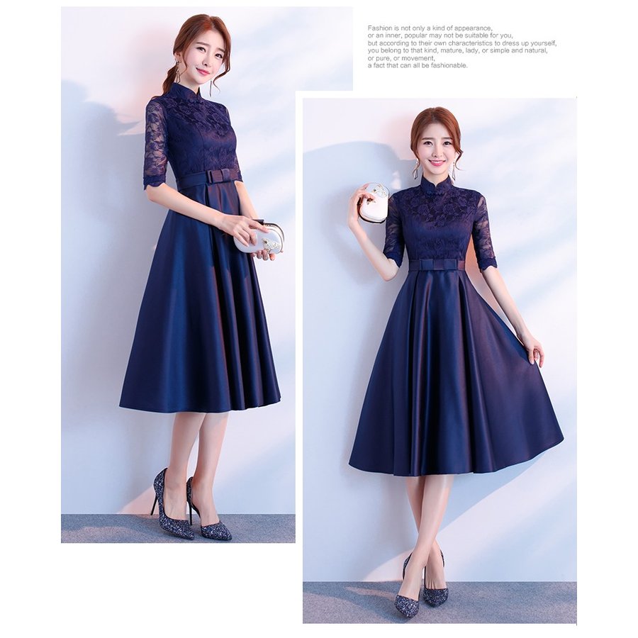 パーティードレス 結婚式 ワンピース ドレス レディース 袖あり大人 着痩せ 紺色 上品 お呼ばれ 食事会 二次会 披露宴 卒業式 成人式