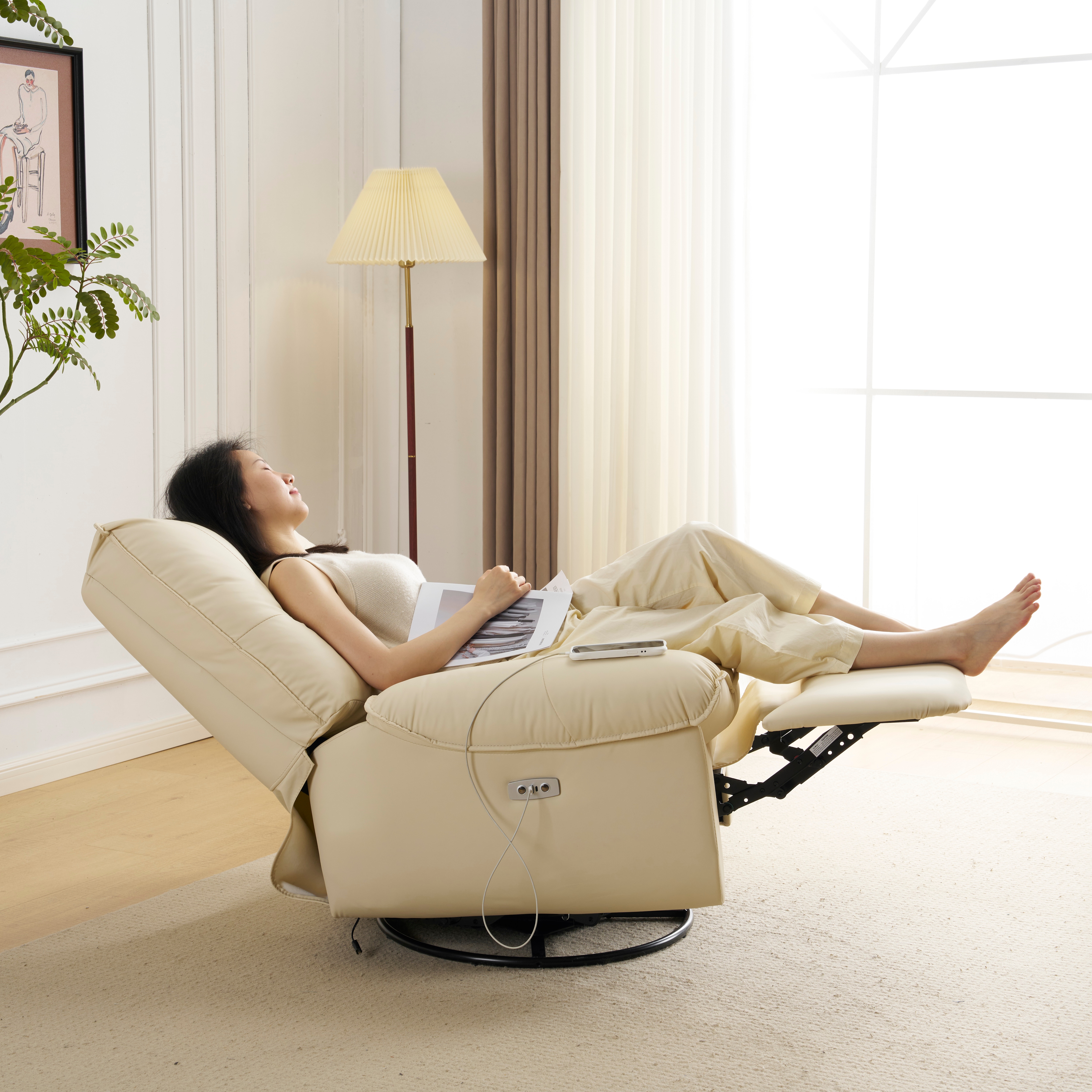 【国内発送】256 リクライニングソファー 肘掛けなし USB+Type-C充電口付き 147 調整可能 270 回転 ゆったり 揺ら揺ら 電動リクライニングソファ オットマン一体型 1人掛け 電