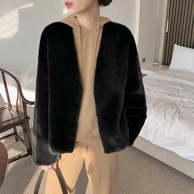 【即納】ジャケット レディース ショートコート アウター ジャケット 上着 大きいサイズ 秋 冬 ノーカラー ファーコート エコファー 暖かい 体型カバー ゆるい ふんわり カジュアル ビックシルエ