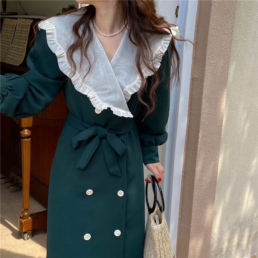 ワンピース ロング ロング丈 ロングワンピース 長袖 ビッグカラー バイカラー ダブルボタン