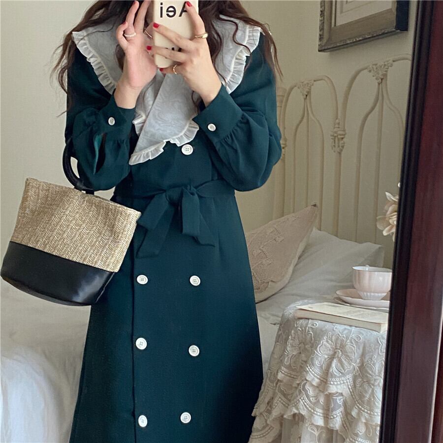 ワンピース ロング ロング丈 ロングワンピース 長袖 ビッグカラー バイカラー ダブルボタン