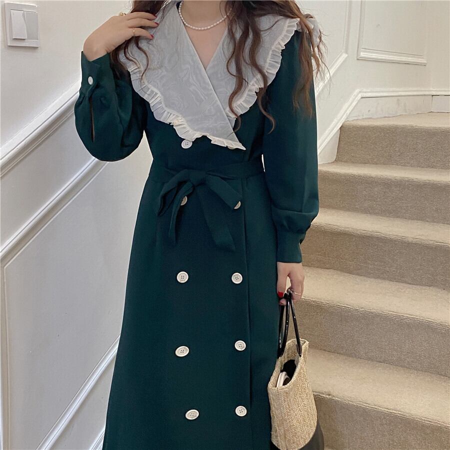 ワンピース ロング ロング丈 ロングワンピース 長袖 ビッグカラー バイカラー ダブルボタン