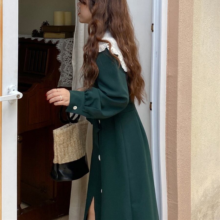 ワンピース ロング ロング丈 ロングワンピース 長袖 ビッグカラー バイカラー ダブルボタン