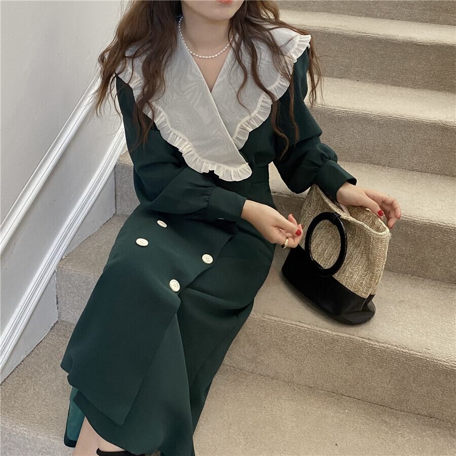 ワンピース ロング ロング丈 ロングワンピース 長袖 ビッグカラー バイカラー ダブルボタン