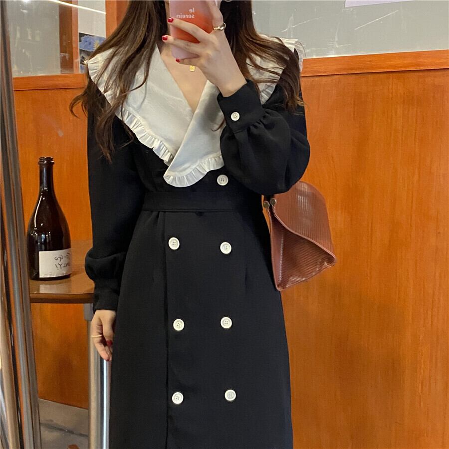 ワンピース ロング ロング丈 ロングワンピース 長袖 ビッグカラー バイカラー ダブルボタン