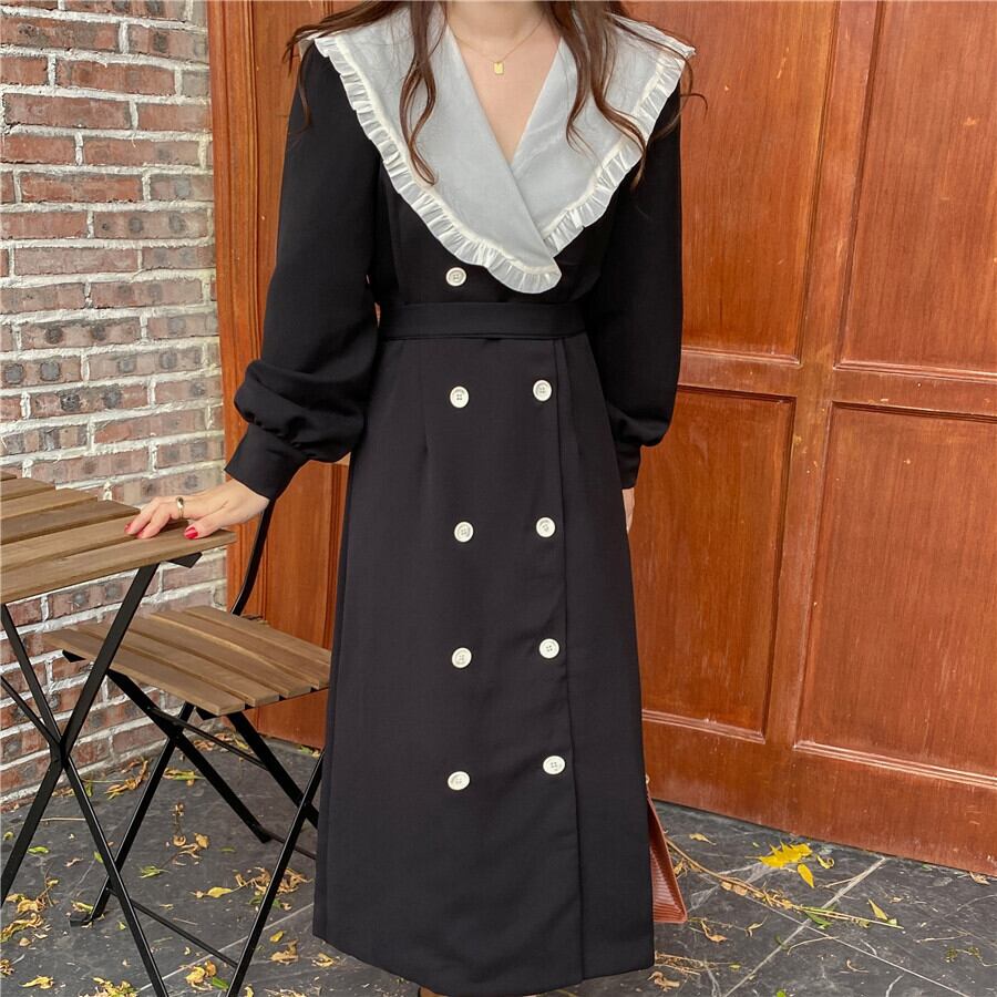 ワンピース ロング ロング丈 ロングワンピース 長袖 ビッグカラー バイカラー ダブルボタン