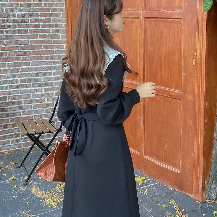 ワンピース ロング ロング丈 ロングワンピース 長袖 ビッグカラー バイカラー ダブルボタン