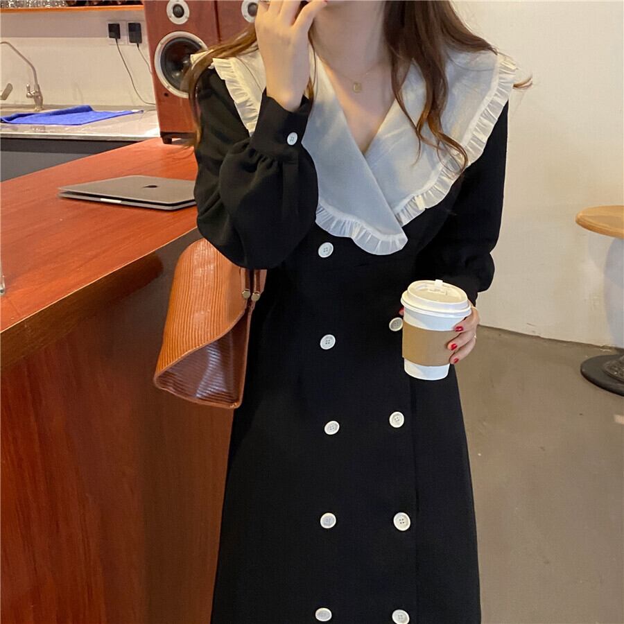 ワンピース ロング ロング丈 ロングワンピース 長袖 ビッグカラー バイカラー ダブルボタン