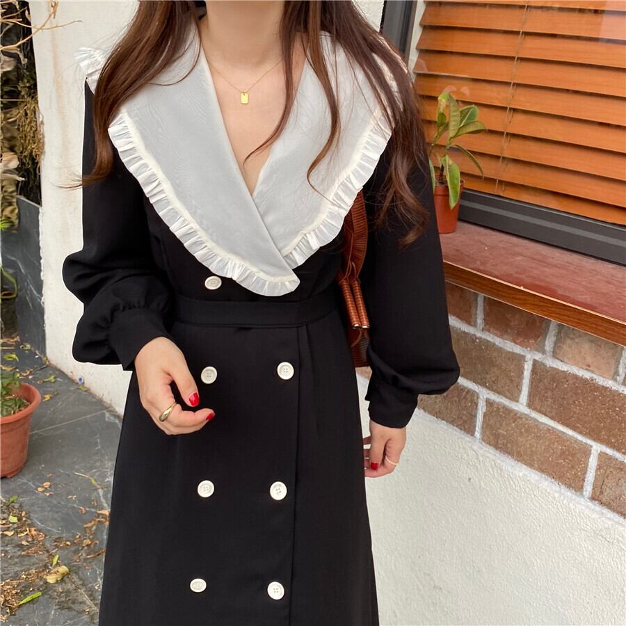ワンピース ロング ロング丈 ロングワンピース 長袖 ビッグカラー バイカラー ダブルボタン