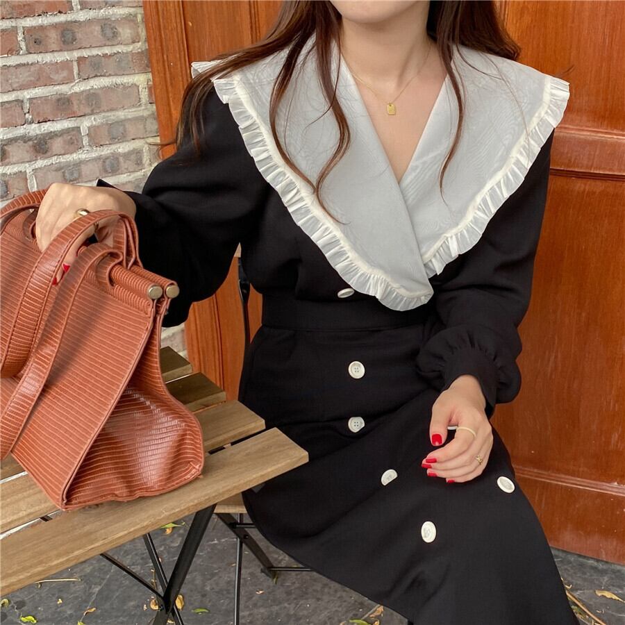 ワンピース ロング ロング丈 ロングワンピース 長袖 ビッグカラー バイカラー ダブルボタン