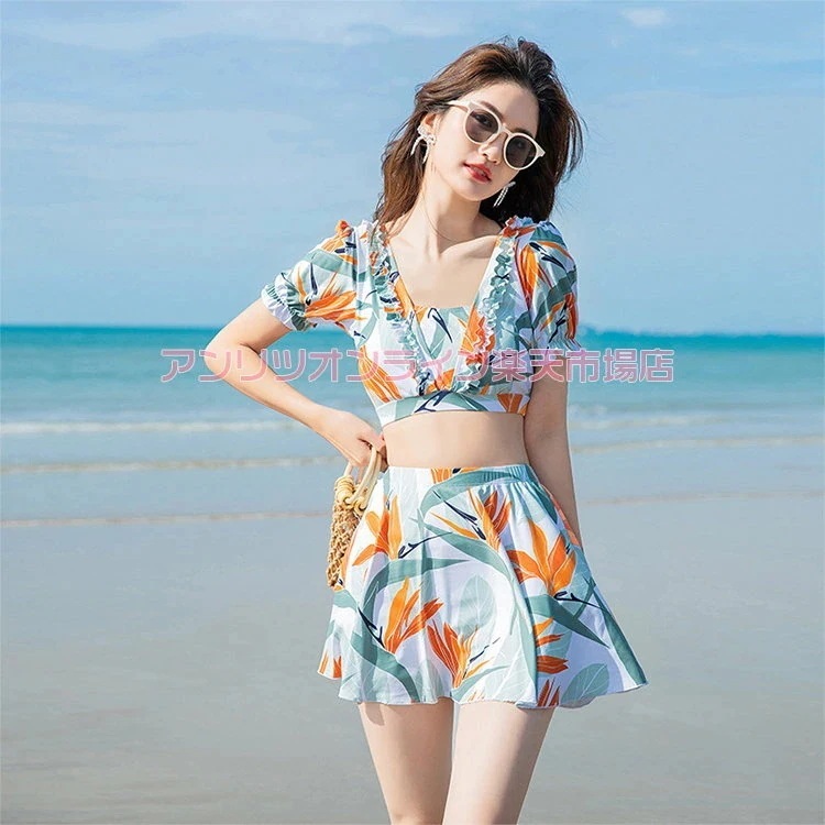 水着 レディース ママ水着 体型カバー 花柄 水着 レディース水着 オレンジ タンクトップ 短パン スカート 水着 スイムウェア 日焼け防止 お洒落 お腹 セパレート パッド付き プール ビーチ スホ