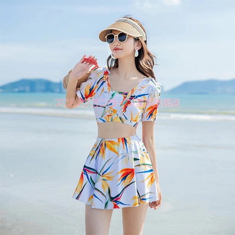 水着 レディース ママ水着 体型カバー 花柄 水着 レディース水着 オレンジ タンクトップ 短パン スカート 水着 スイムウェア 日焼け防止 お洒落 お腹 セパレート パッド付き プール ビーチ スホ