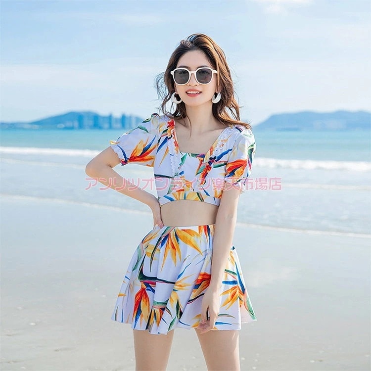 水着 レディース ママ水着 体型カバー 花柄 水着 レディース水着 オレンジ タンクトップ 短パン スカート 水着 スイムウェア 日焼け防止 お洒落 お腹 セパレート パッド付き プール ビーチ スホ