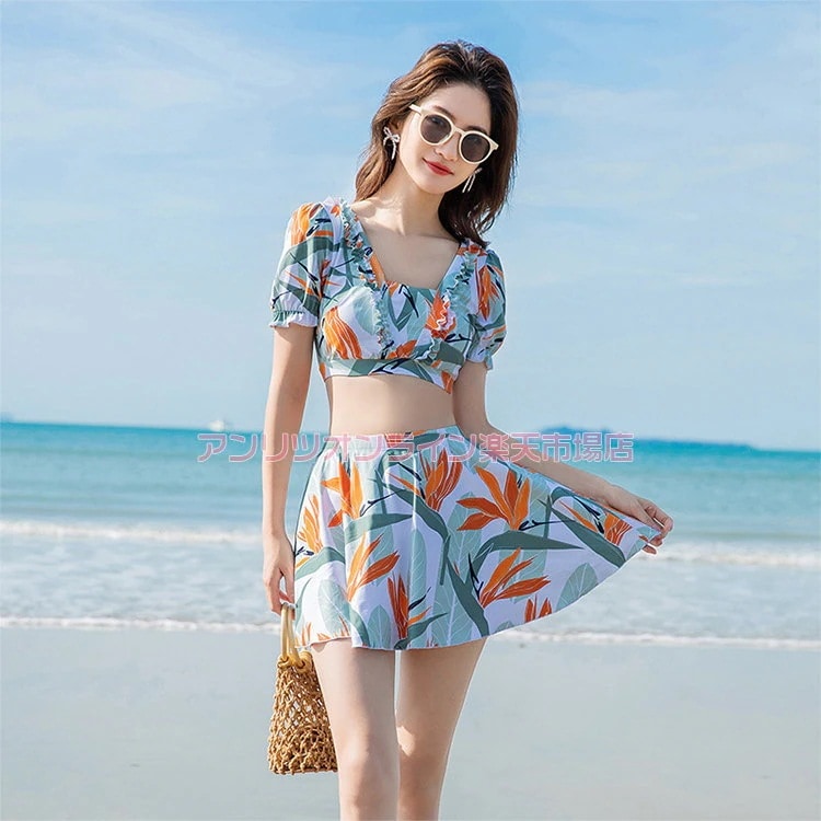 水着 レディース ママ水着 体型カバー 花柄 水着 レディース水着 オレンジ タンクトップ 短パン スカート 水着 スイムウェア 日焼け防止 お洒落 お腹 セパレート パッド付き プール ビーチ スホ