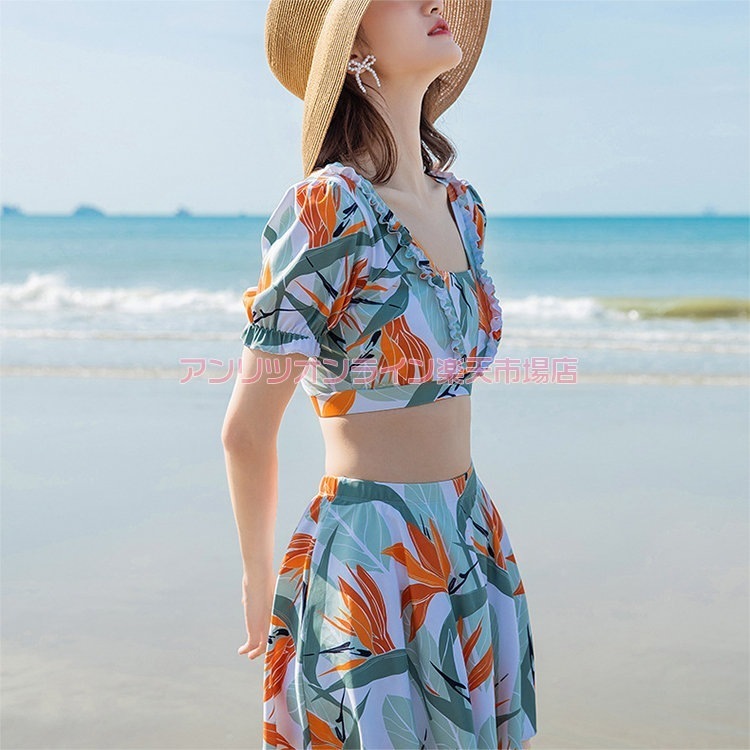 水着 レディース ママ水着 体型カバー 花柄 水着 レディース水着 オレンジ タンクトップ 短パン スカート 水着 スイムウェア 日焼け防止 お洒落 お腹 セパレート パッド付き プール ビーチ スホ