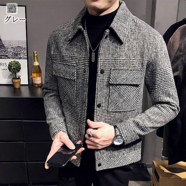 Qoo10] ステンカラーコート メンズ グレンチェッ