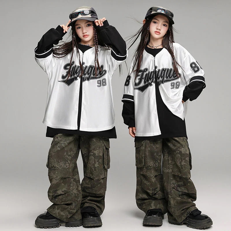 Hiphopストリートダンスの子供のファッション服の男女の子供のヒップホップのゆったりしたファッションの野球のシャツの演出服の子供のショーの服装