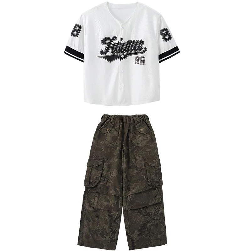 Hiphopストリートダンスの子供のファッション服の男女の子供のヒップホップのゆったりしたファッションの野球のシャツの演出服の子供のショーの服装
