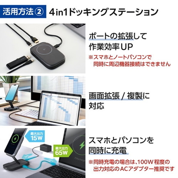 DST-Q040BPGY USBType-C ドッキングステーション4in1ハブ Qi2 ワイヤレス充電スタンド/USB-C×2/USB-A×1/HDMI×1搭載 PD 急速充電 グレー メーカー直送