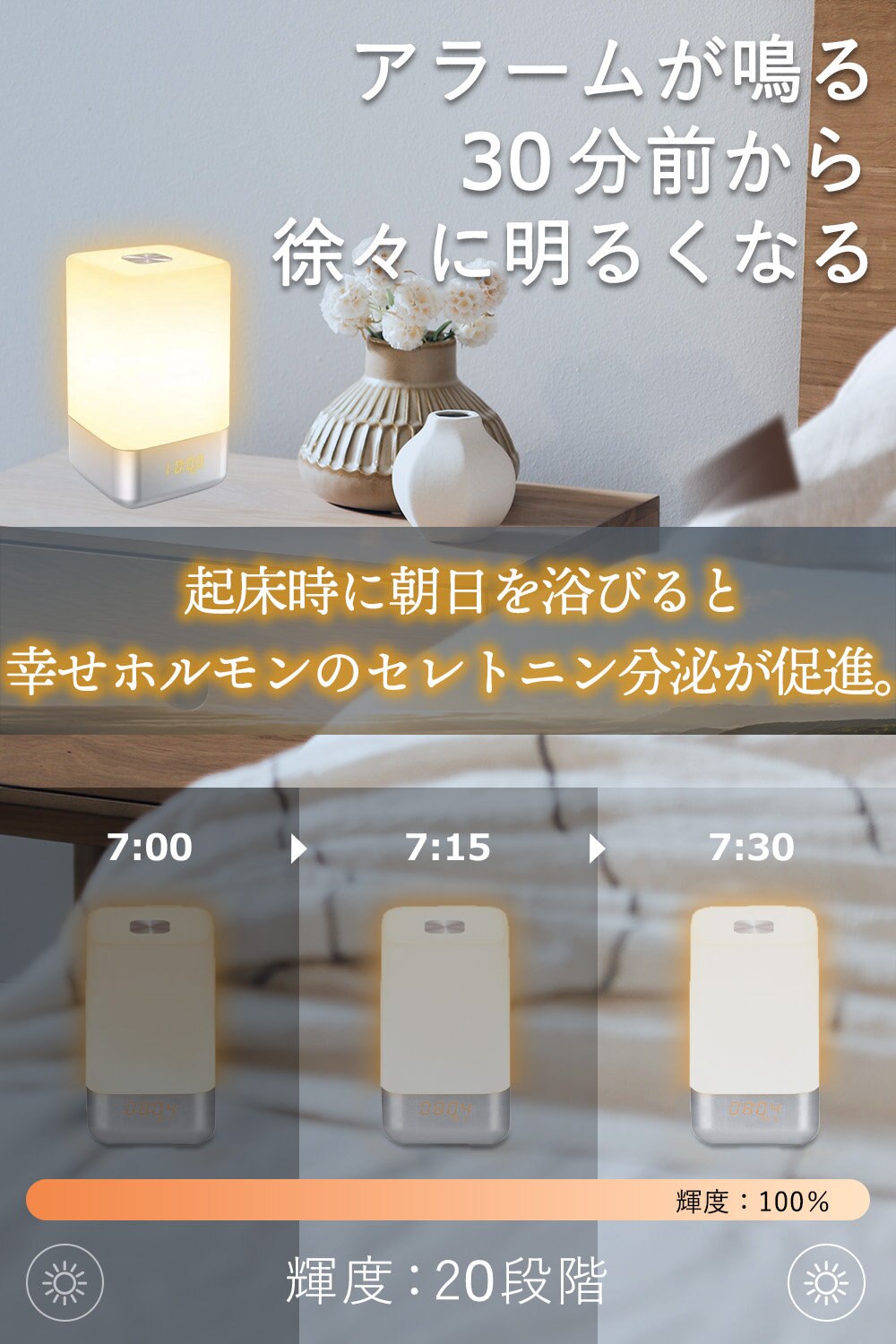 目覚まし時計 光 おしゃれ 光目覚まし 時計 ナイトライト ルームライト 間接照明 寝室 丸 北欧 LED 癒やし 自動点灯 集光 電池式 USB 卓上 ランタン デスク ハンディ 明るい 常夜灯