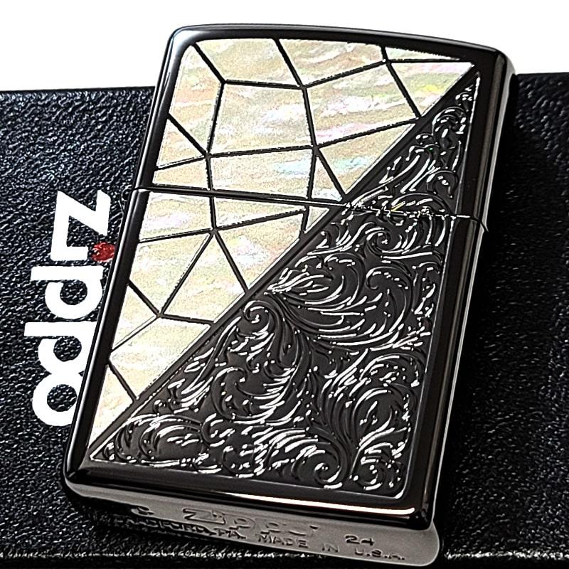 ZIPPO ライター トライアングル アラベスク ホワイトシェル模様 ブラックニッケル ジッポ 彫刻 黒 おしゃれ ギフト かっこいい メンズ プレゼント
