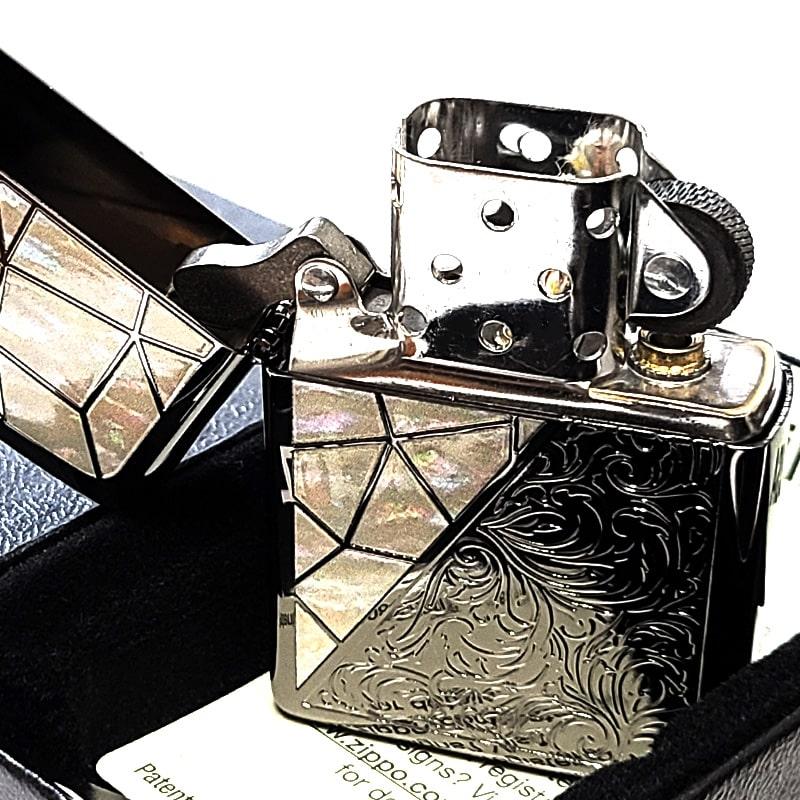 ZIPPO ライター トライアングル アラベスク ホワイトシェル模様 ブラックニッケル ジッポ 彫刻 黒 おしゃれ ギフト かっこいい メンズ プレゼント