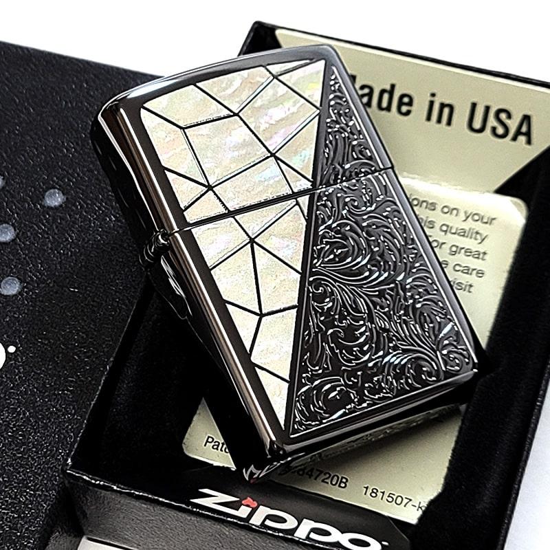 ZIPPO ライター トライアングル アラベスク ホワイトシェル模様 ブラックニッケル ジッポ 彫刻 黒 おしゃれ ギフト かっこいい メンズ プレゼント
