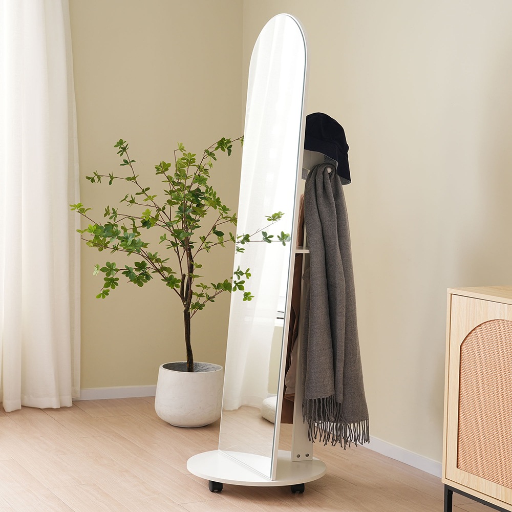 全身鏡 姿見鏡 ハンガーフック アーチ形 ハンガーフック付き鏡 ハンガー 360回転可能なキャスター付き 北欧 収納付き 衣類収納 隙間収納 リビング 玄関 飛散防止加工 ホワイト 172*44CM