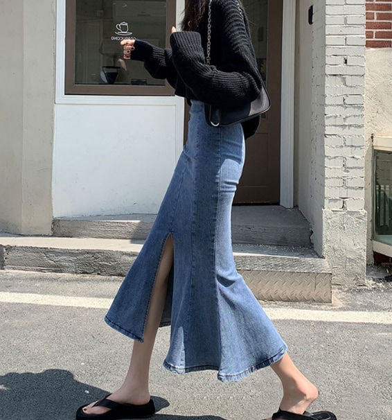 スカート ロングスカート マーメードスカート ロング ロング丈 スリム タイト 細身 マーメイド 切り替えデザイン 前スリット デニム かわいい 大人可愛い きれいめ カジュアル 大人 上品 おしゃれ