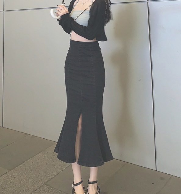 スカート ロングスカート マーメードスカート ロング ロング丈 スリム タイト 細身 マーメイド 切り替えデザイン 前スリット デニム かわいい 大人可愛い きれいめ カジュアル 大人 上品 おしゃれ