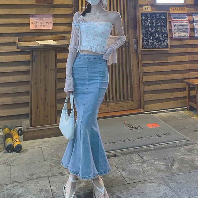 スカート ロングスカート マーメードスカート ロング ロング丈 スリム タイト 細身 マーメイド 切り替えデザイン 前スリット デニム かわいい 大人可愛い きれいめ カジュアル 大人 上品 おしゃれ