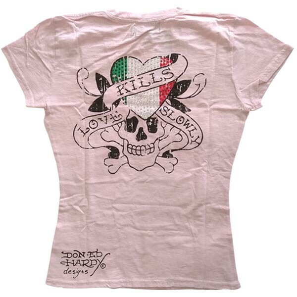 【セール】エドハーディー レディース 半袖 Tシャツ 【200種類の品揃え】 Ed Hardy MILAN LOVE KILLS SLOWRY ラブキル　ライト ピンク ストーン  正規品 超名作/ラブキルスロウリィー 爆限定 エドハーディー Tシャツ Ed
