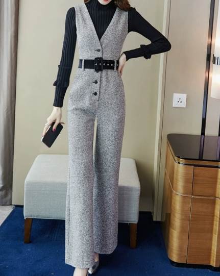 ツーピース 二点セット レディース トップス パンツ ニット セーター オーバーオール フルレングス 長袖 ハイネック ブーツカット 伸縮性 ウール 大人可愛い きれいめ シンプル カジュアル 上品