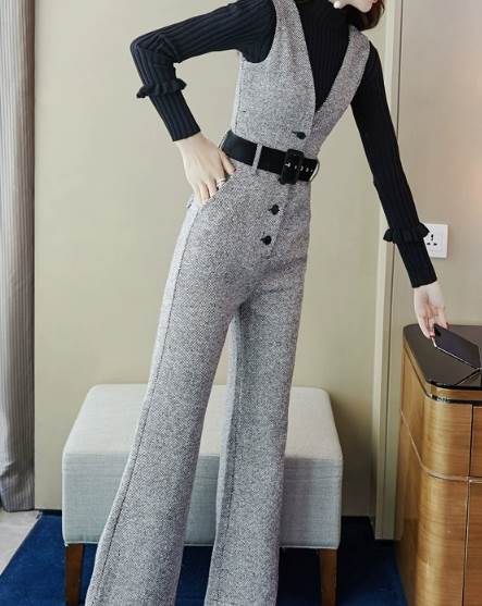 ツーピース 二点セット レディース トップス パンツ ニット セーター オーバーオール フルレングス 長袖 ハイネック ブーツカット 伸縮性 ウール 大人可愛い きれいめ シンプル カジュアル 上品