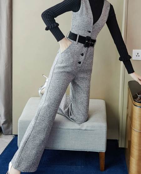 ツーピース 二点セット レディース トップス パンツ ニット セーター オーバーオール フルレングス 長袖 ハイネック ブーツカット 伸縮性 ウール 大人可愛い きれいめ シンプル カジュアル 上品