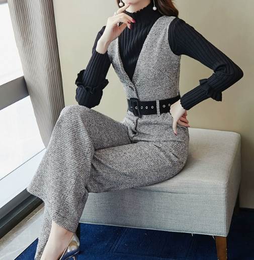 ツーピース 二点セット レディース トップス パンツ ニット セーター オーバーオール フルレングス 長袖 ハイネック ブーツカット 伸縮性 ウール 大人可愛い きれいめ シンプル カジュアル 上品