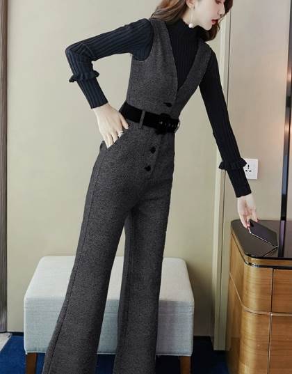 ツーピース 二点セット レディース トップス パンツ ニット セーター オーバーオール フルレングス 長袖 ハイネック ブーツカット 伸縮性 ウール 大人可愛い きれいめ シンプル カジュアル 上品