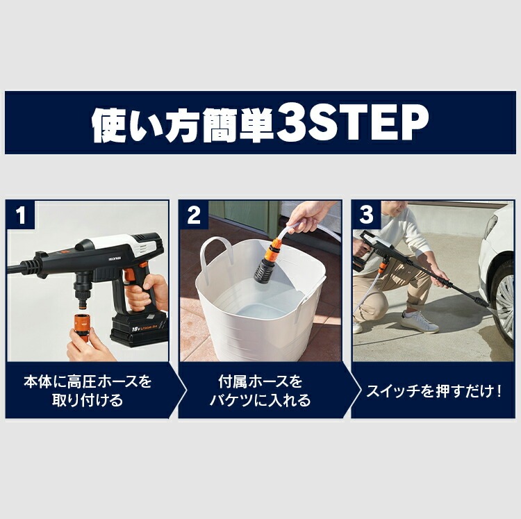 【公式】 高圧洗浄機 コードレス 充電式 水道不要 ハンディウォッシャー ホワイト JHW-201 コードレス充電式 ハンディ コンパクト 軽量 家庭用 洗車セット 清掃 メガ割