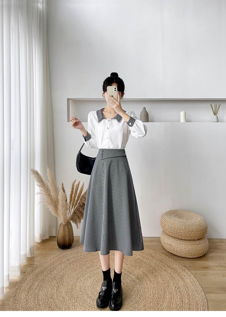 秋 スイング ツーピース トップス スカート シャツ ミカート スイングスカート ショート丈 ミディアム丈 袖あり 長袖 ラウンドネック 襟付き スリム ドレープ 前開き ボタン ポリエステル 異素材