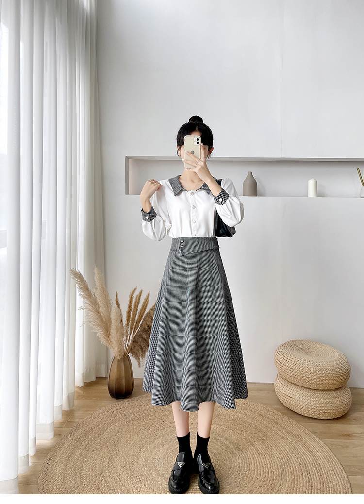 秋 スイング ツーピース トップス スカート シャツ ミカート スイングスカート ショート丈 ミディアム丈 袖あり 長袖 ラウンドネック 襟付き スリム ドレープ 前開き ボタン ポリエステル 異素材