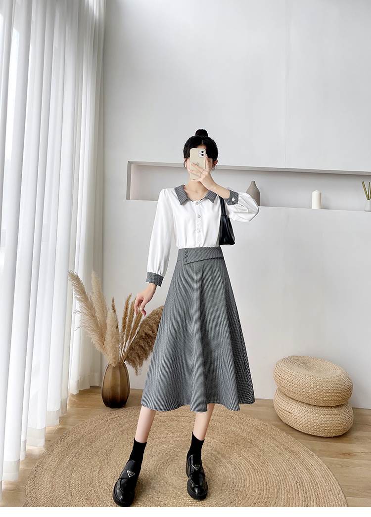秋 スイング ツーピース トップス スカート シャツ ミカート スイングスカート ショート丈 ミディアム丈 袖あり 長袖 ラウンドネック 襟付き スリム ドレープ 前開き ボタン ポリエステル 異素材