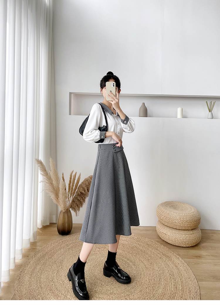 秋 スイング ツーピース トップス スカート シャツ ミカート スイングスカート ショート丈 ミディアム丈 袖あり 長袖 ラウンドネック 襟付き スリム ドレープ 前開き ボタン ポリエステル 異素材