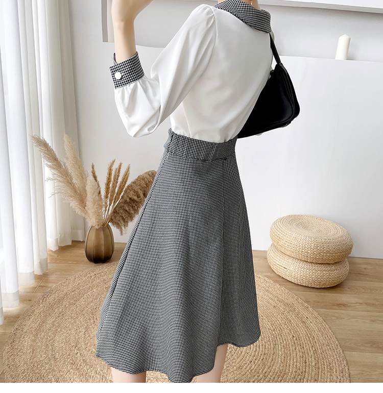 秋 スイング ツーピース トップス スカート シャツ ミカート スイングスカート ショート丈 ミディアム丈 袖あり 長袖 ラウンドネック 襟付き スリム ドレープ 前開き ボタン ポリエステル 異素材