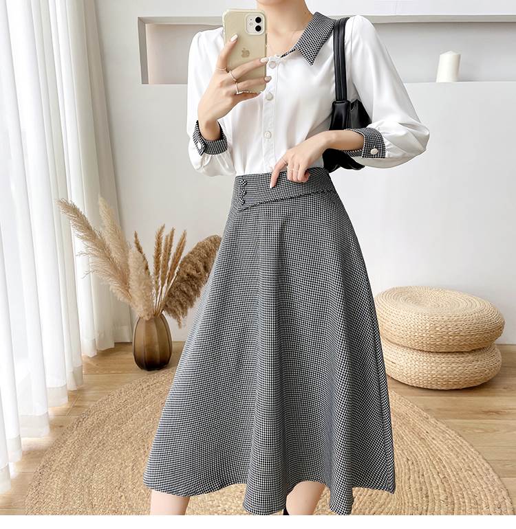 秋 スイング ツーピース トップス スカート シャツ ミカート スイングスカート ショート丈 ミディアム丈 袖あり 長袖 ラウンドネック 襟付き スリム ドレープ 前開き ボタン ポリエステル 異素材