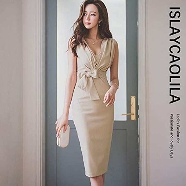 リボン ワンピース カシュクール タイト クラブドレス Vネック ノースリーブ ひざ丈 レディース(ベージュ, M) リボン ワンピース カシュクール タイト クラブドレス Vネック ノースリーブ ひざ丈 レディース(ベージュ, M)