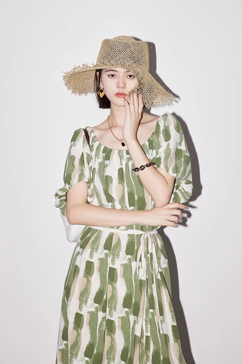 おしゃれ エレガント ワンピース プリント タイ ウエスト 通勤 ミモレ丈 スカート 個性的 ワンピース ミモレ ミモレ丈 袖あり 5分袖 五分袖 ラウンドネック 襟なし シンプル カジュアル 大人