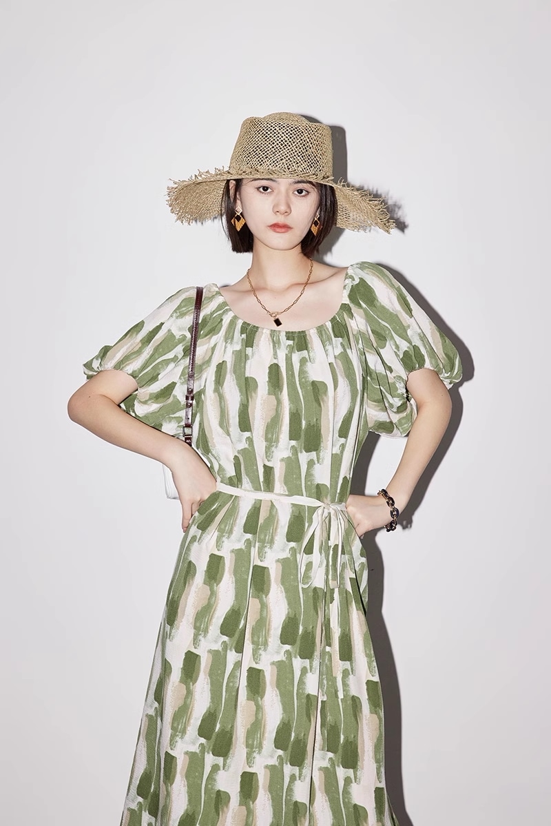 おしゃれ エレガント ワンピース プリント タイ ウエスト 通勤 ミモレ丈 スカート 個性的 ワンピース ミモレ ミモレ丈 袖あり 5分袖 五分袖 ラウンドネック 襟なし シンプル カジュアル 大人